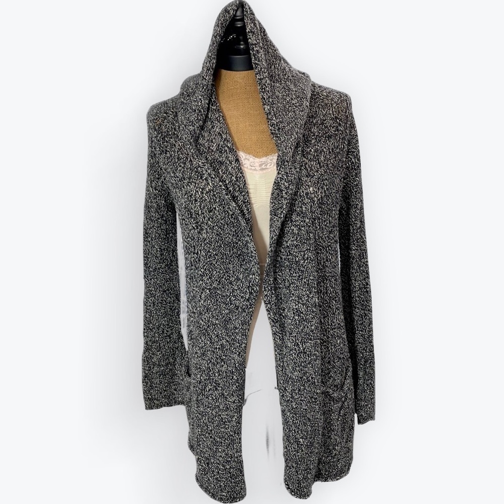 Eddie Bauer Linen Cotton open front cardigan w/hood & pockets black & white knit